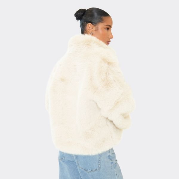 EGO Collared Jacket In Cream Faux Fur, Women's Size UK 6 - 2