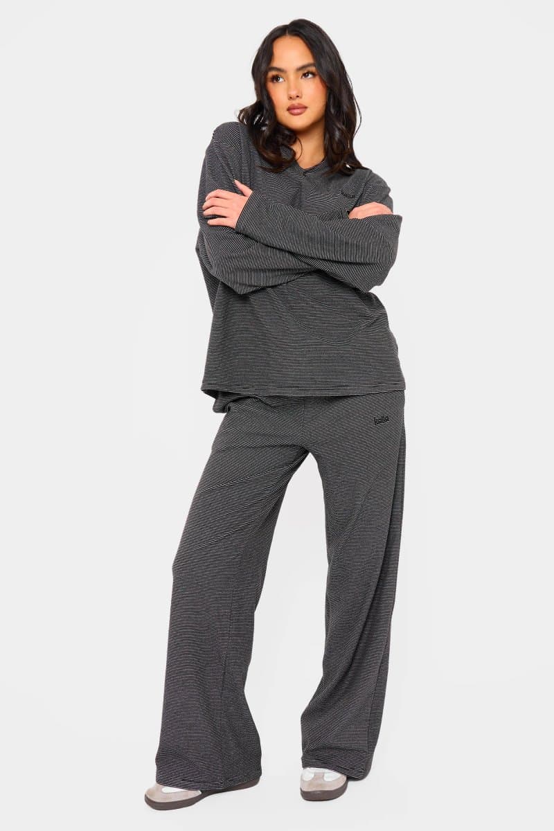 Kaiia Kaiia Striped Fleece Drawstring Wide Leg Trousers Black & Cream