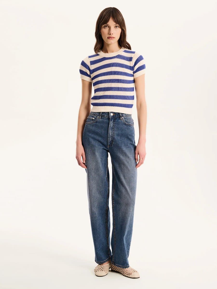 OMNES Lexi Stripe Crochet Jumper in Blue and Cream