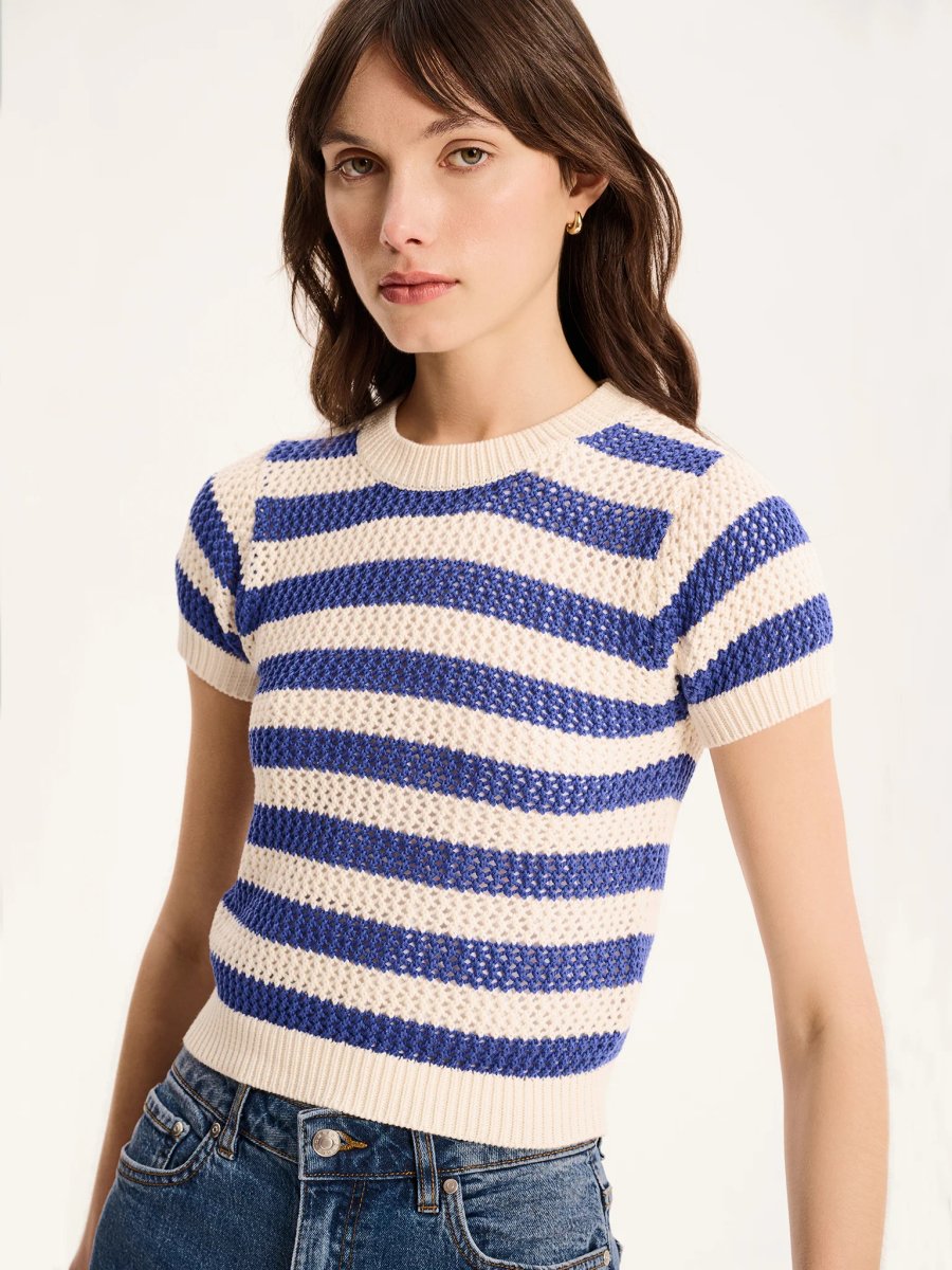 OMNES Lexi Stripe Crochet Jumper in Blue and Cream - 2
