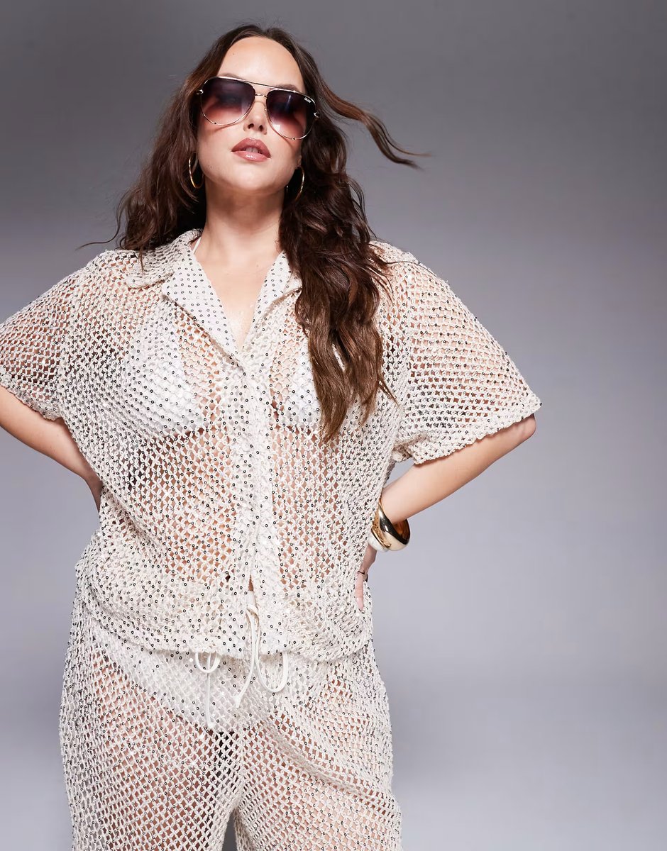 ASOS South Beach Curve crochet beach shirt co-ord in cream - 1