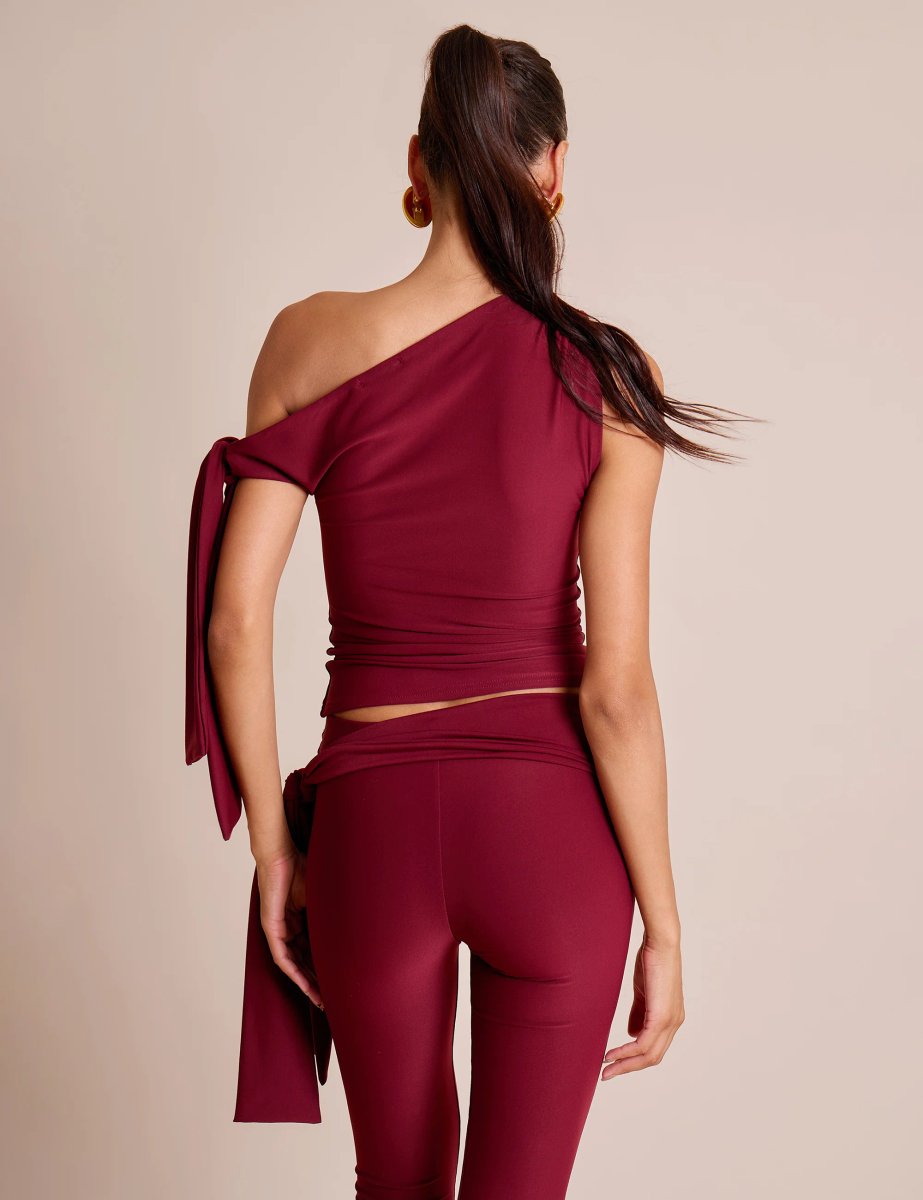 Public Desire Knot Detail Asymmetric One Shoulder Luxe Slinky Top Burgundy - 2