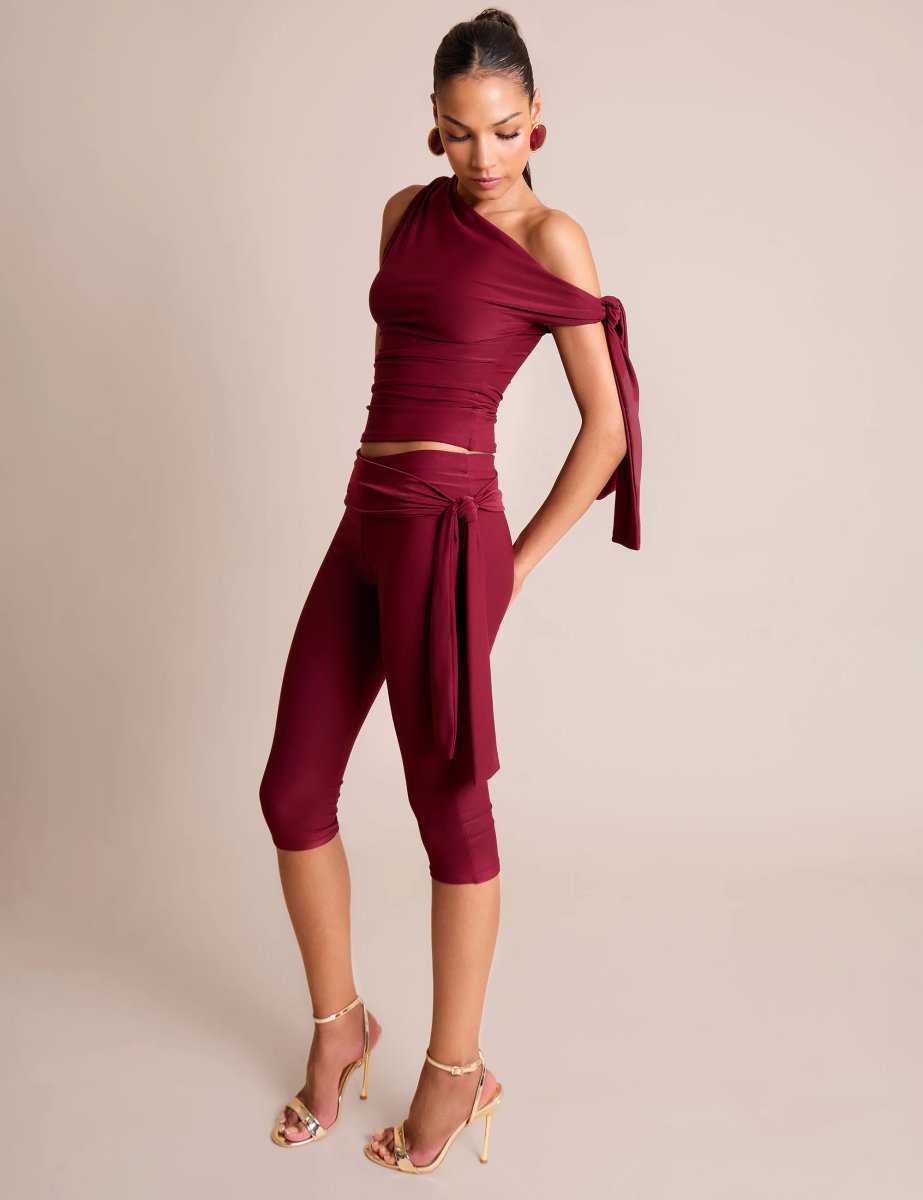 Public Desire Knot Detail Asymmetric One Shoulder Luxe Slinky Top Burgundy - 3