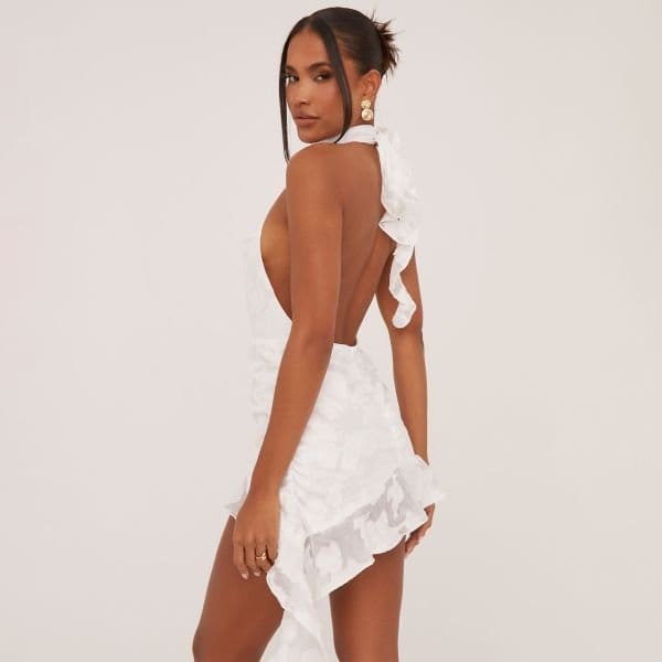 EGO High Neck Cut Out Front Frilly Mini Dress In White Floral Textured Woven, Women's Size UK 10 - 2