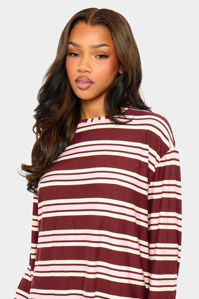 Kaiia Kaiia Striped Oversized Long Sleeve T-shirt Burgundy & Pink - 2