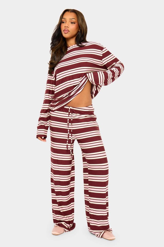 Kaiia Kaiia Striped Oversized Long Sleeve T-shirt Burgundy & Pink - 3