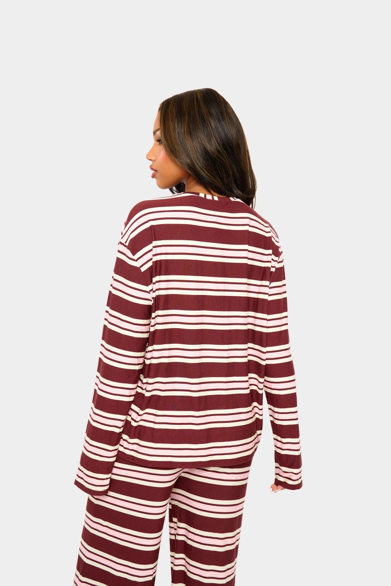 Kaiia Kaiia Striped Oversized Long Sleeve T-shirt Burgundy & Pink - 4