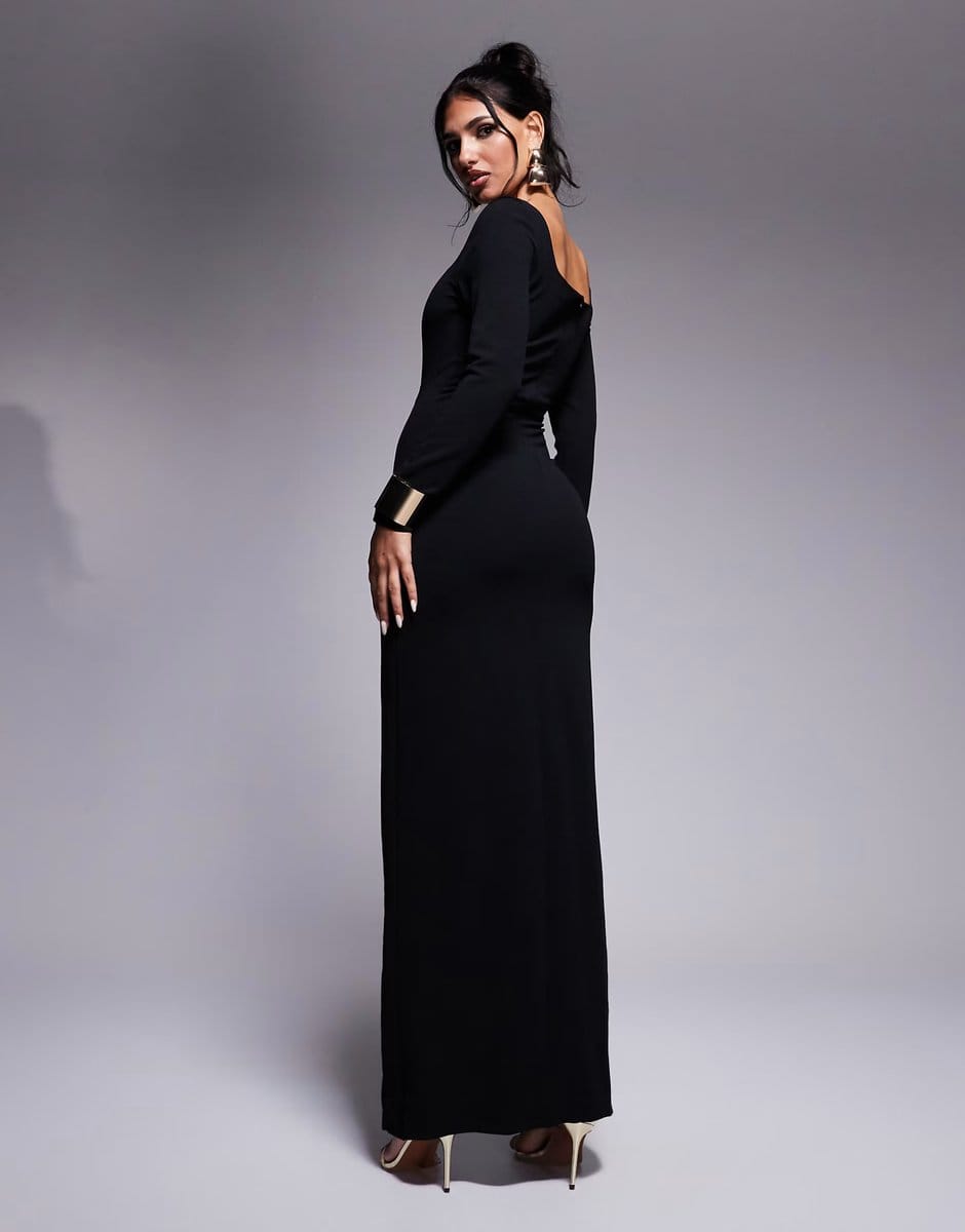 ASOS Lulus square neck split maxi dress in black - 4