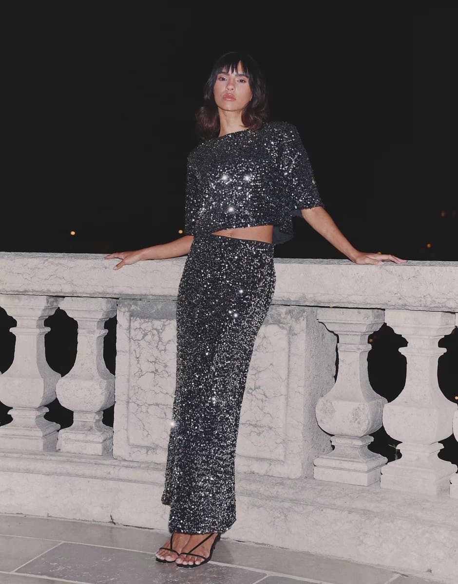 ASOS 4th & Reckless sequin velvet bow open back cropped top co-ord in black