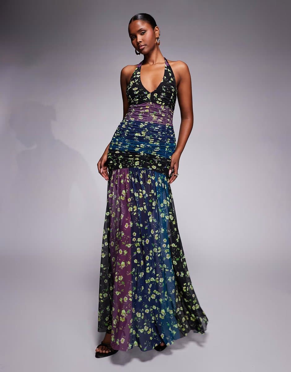 ASOS AFRM Melissa mesh halter neck ruched drop waist maxi dress in floral stripe