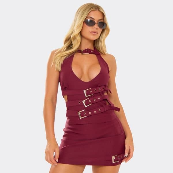 EGO EGO Halterneck Plunge Belt Detail Top in Burgundy Red