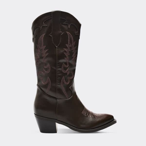 EGO Bey Embroidered Detail Mid Calf Western Cowboy Boot In Brown Faux Leather, Women's Size UK 3