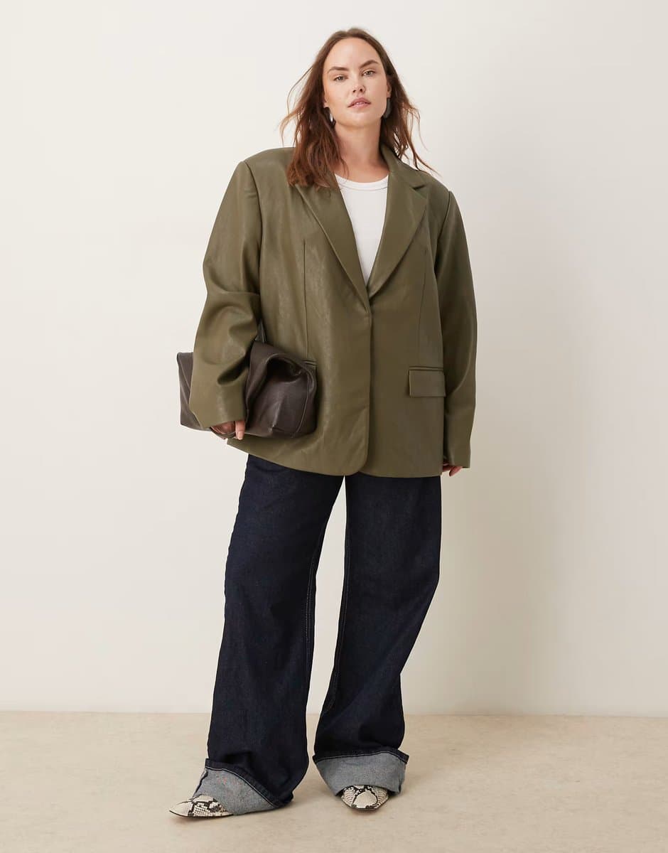 ASOS ASOS DESIGN Curve Tailored Oversized Faux Leather Blazer in Dark Green