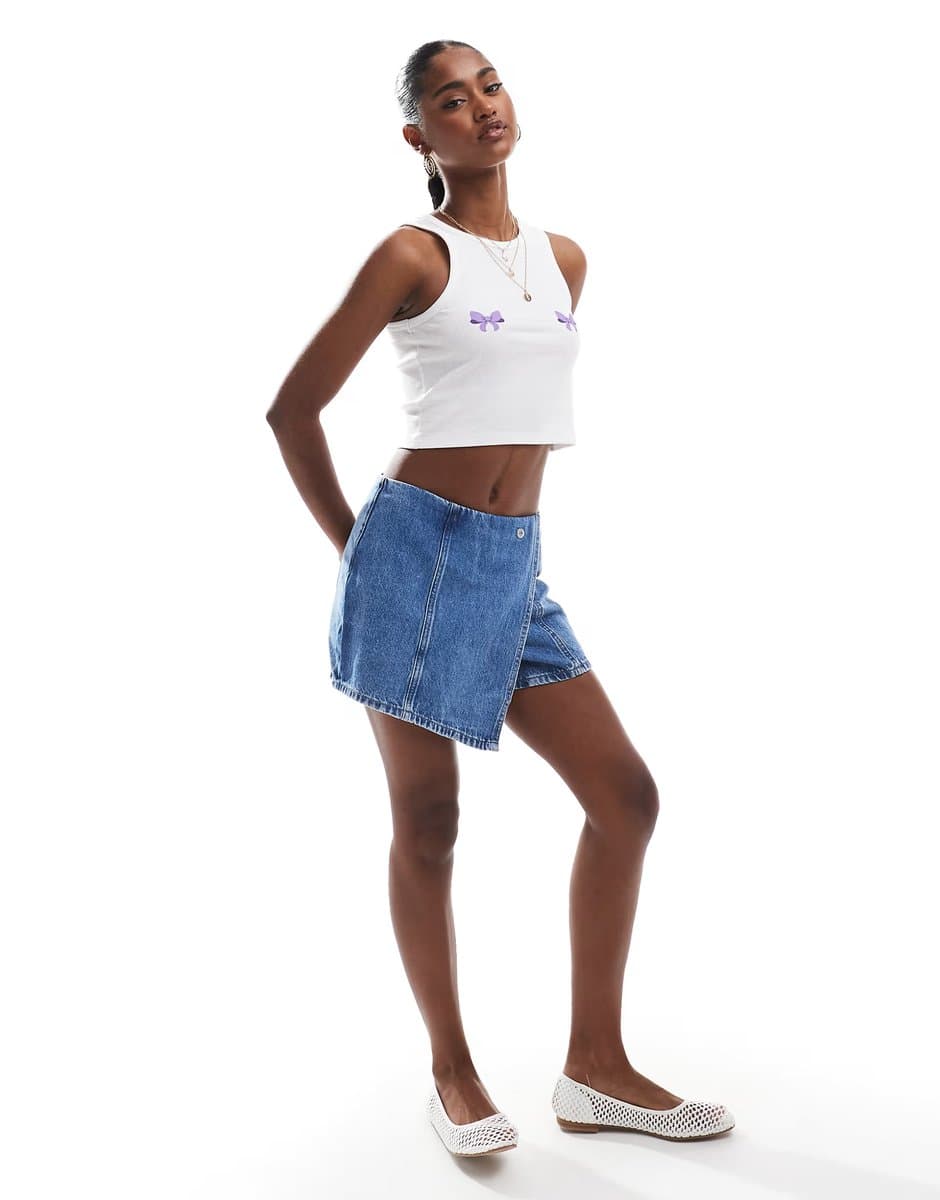 ASOS Pieces wrap front denim mini skort in mid blue