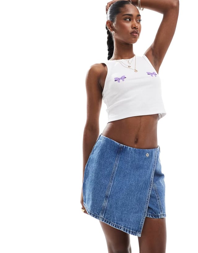 ASOS Pieces wrap front denim mini skort in mid blue - 3