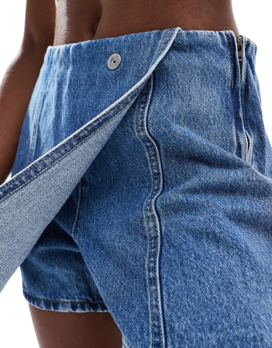 ASOS Pieces wrap front denim mini skort in mid blue - 4