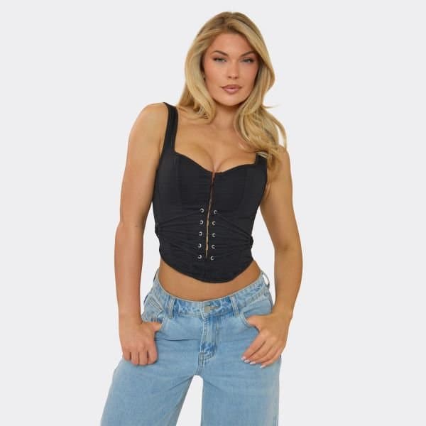 EGO Sweetheart Neck Hook And Eye Lace Side Detail Corset Top In Black, Women's Size UK 6