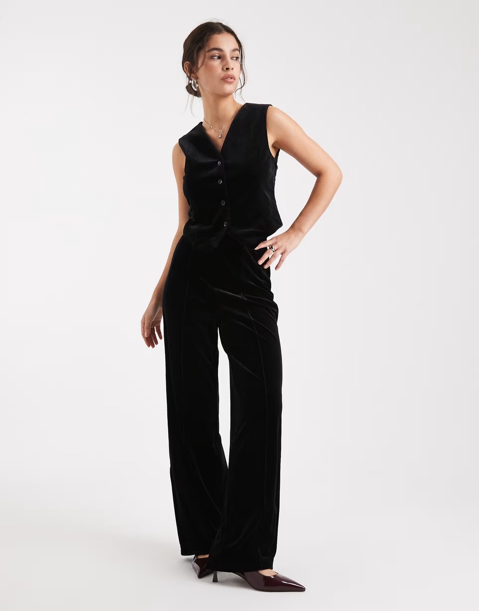 ASOS Vero Moda velvet waistcoat and wide leg trouser co-ord in black - 2