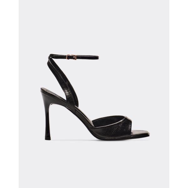 EGO Solsta Ankle Strap Square Peep Toe Heel In Black Faux Leather, Women's Size UK 3 - 2