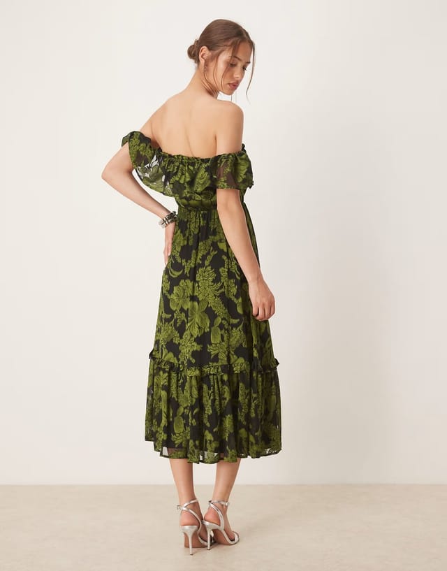 ASOS Maya Floral bardot midaxi dress in green - 3
