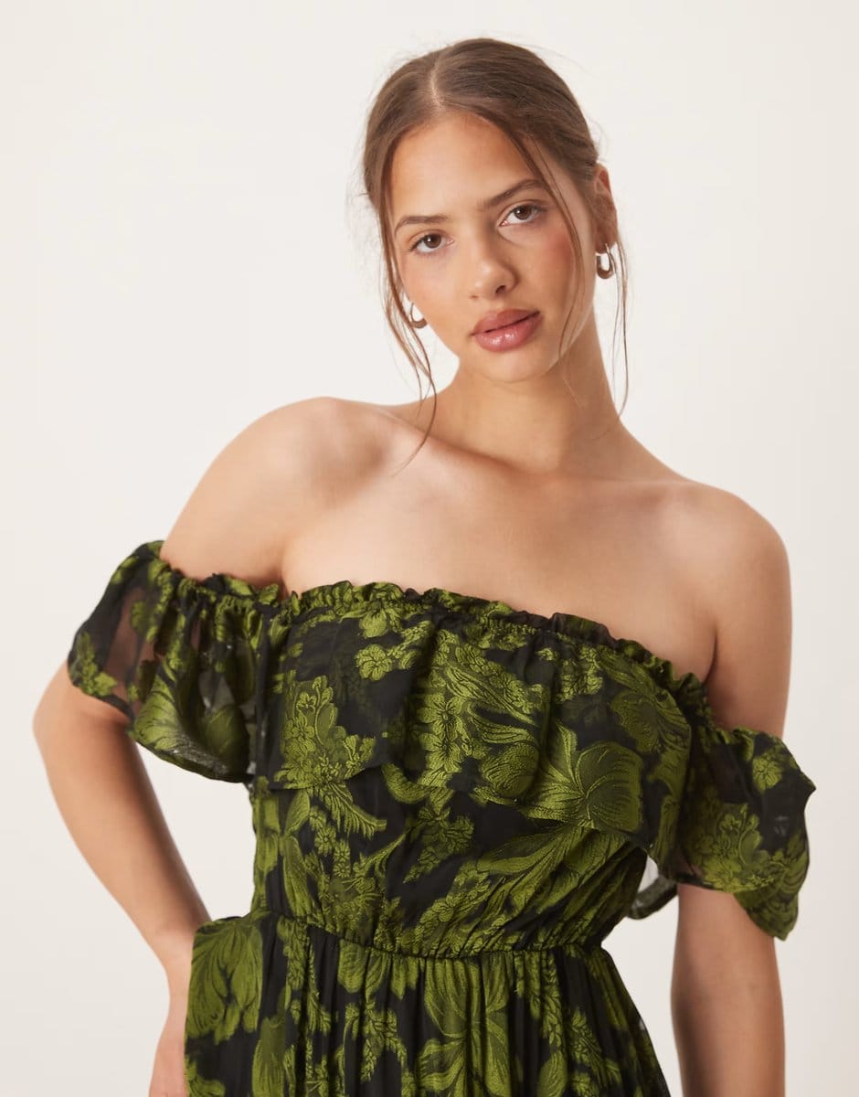 ASOS Maya Floral bardot midaxi dress in green - 4