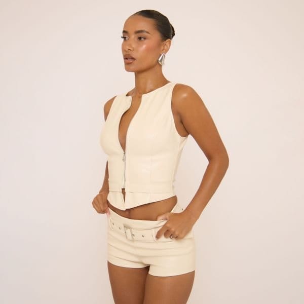 EGO Sleeveless Zip Front Top In Cream Faux Leather, Women's Size UK 4 - 2