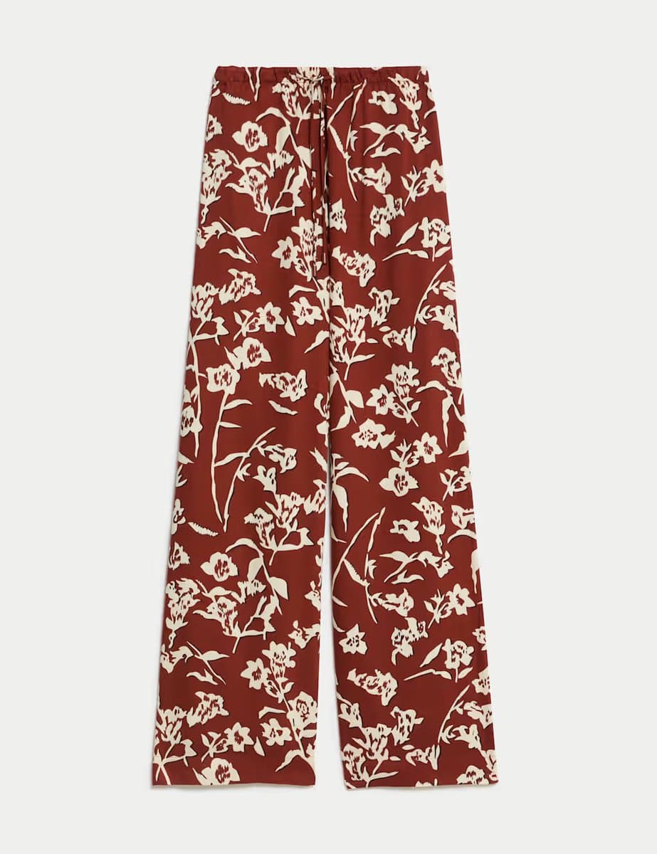 Marks & Spencer M&S Wide Leg Floral Elasticated Waisted Trousers Copper