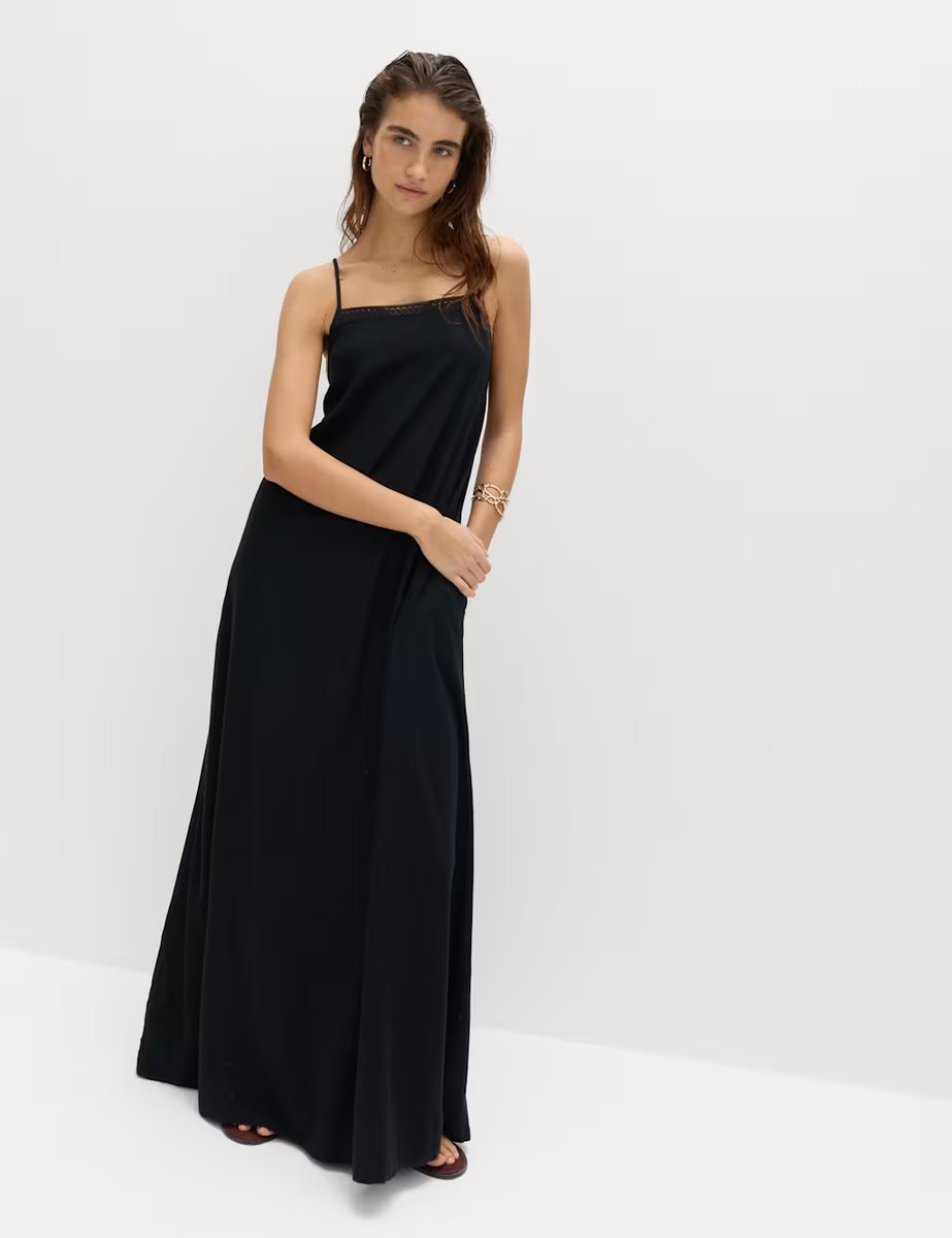 Marks & Spencer M&S Square Neck Lace Insert Maxi Shift Dress with Linen Black - 2