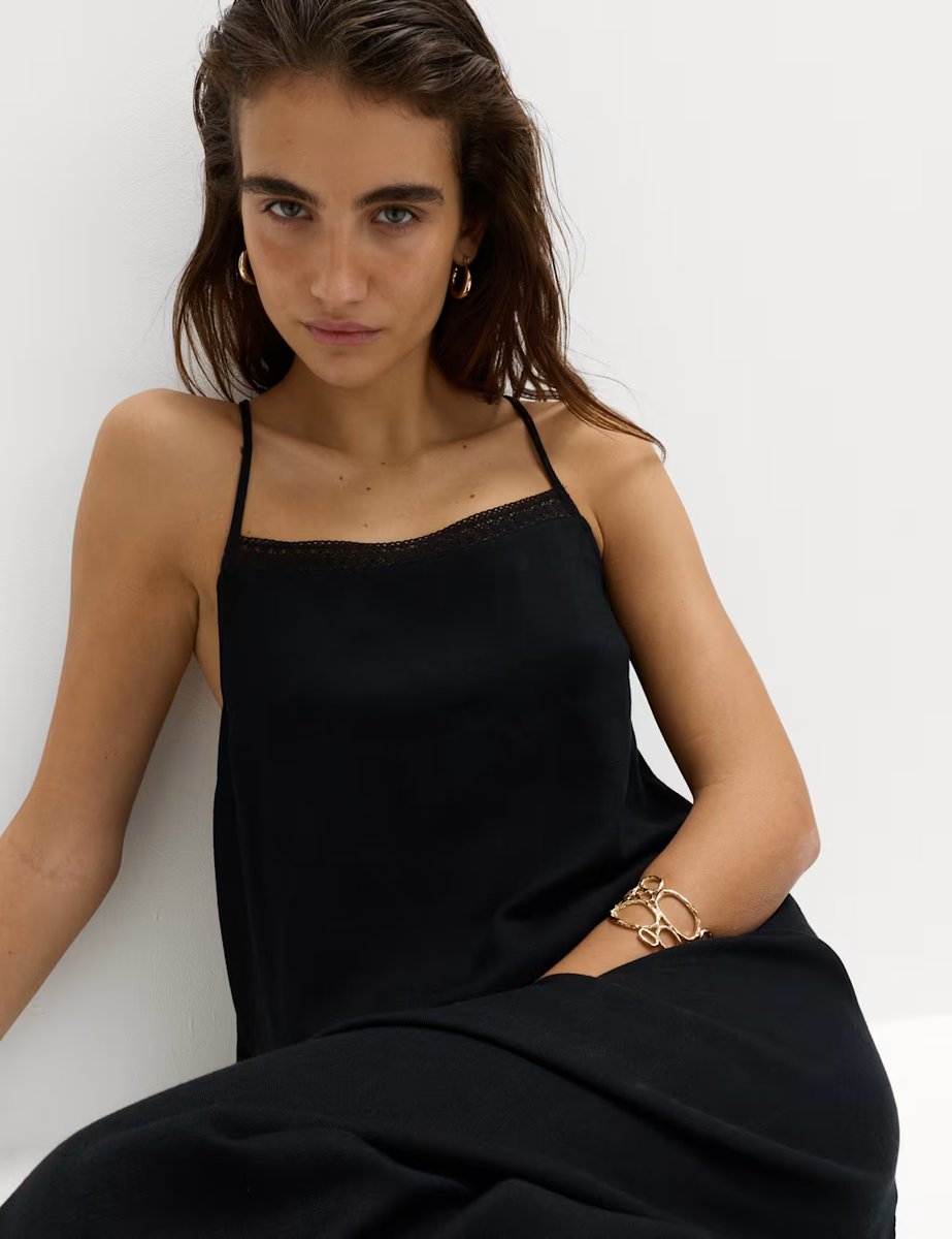 Marks & Spencer M&S Square Neck Lace Insert Maxi Shift Dress with Linen Black - 3