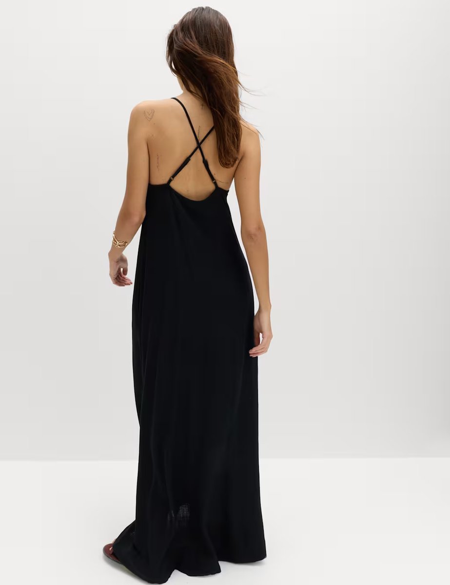 Marks & Spencer M&S Square Neck Lace Insert Maxi Shift Dress with Linen Black - 4