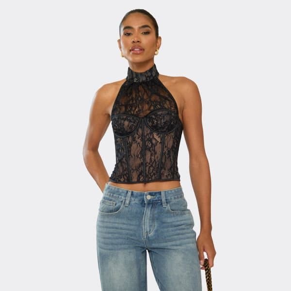 EGO High Neck Underwired Corset Top In Black Lace, Women's Size UK 4