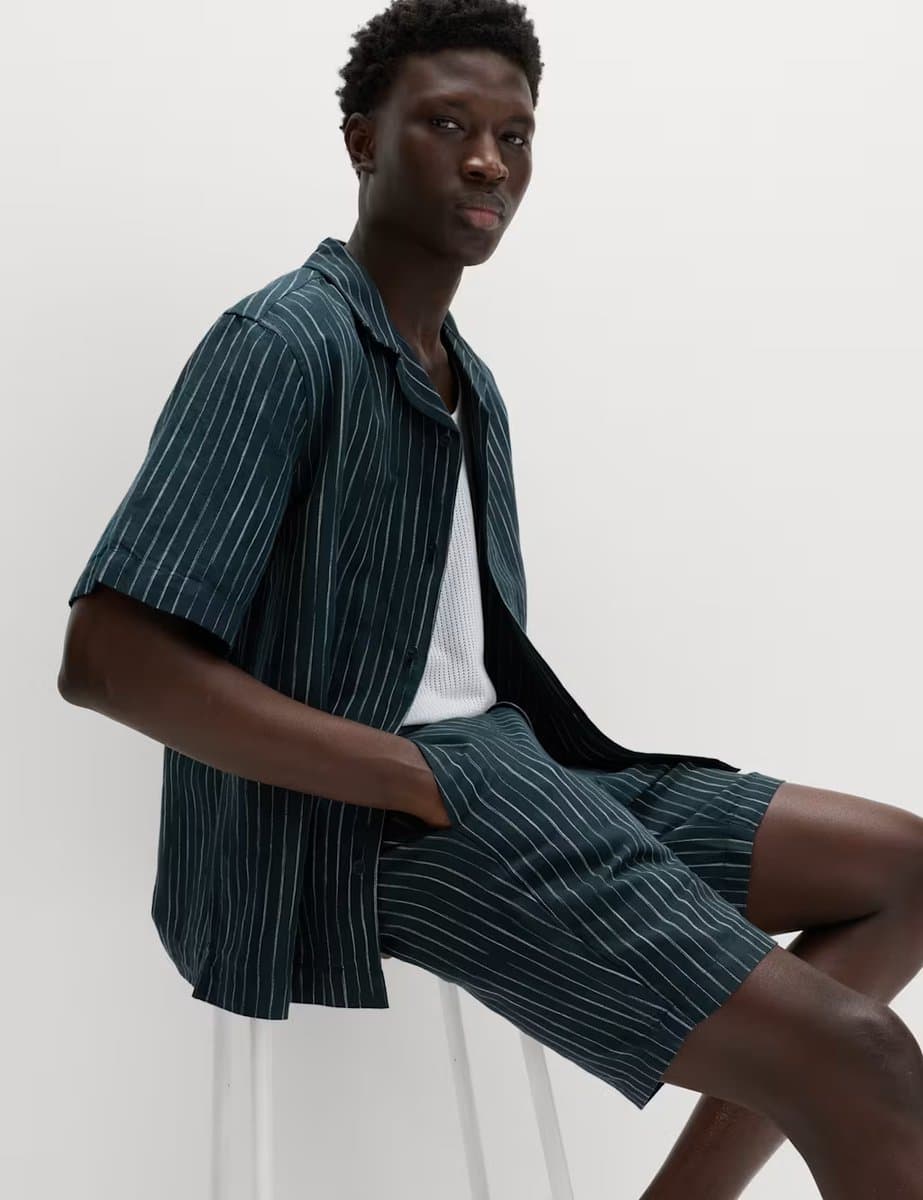 Marks & Spencer M&S Linen Blend Chino Shorts Navy Stripe