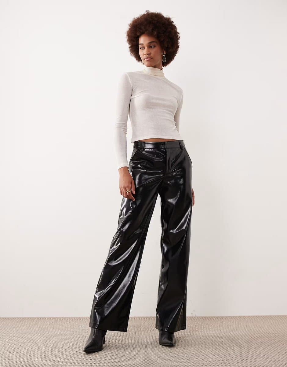 ASOS Gina Tricot Tall coated PU straight trousers in black