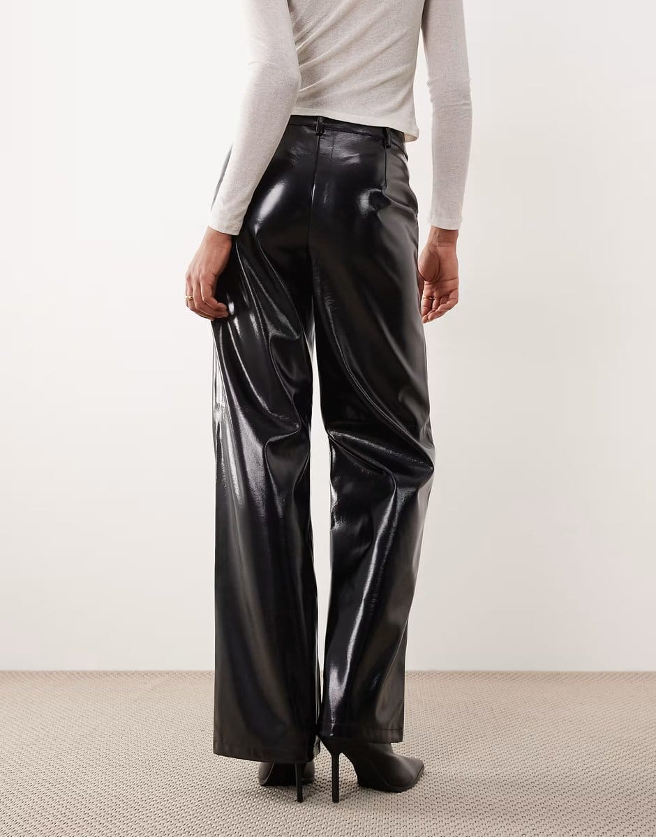 ASOS Gina Tricot Tall coated PU straight trousers in black - 4