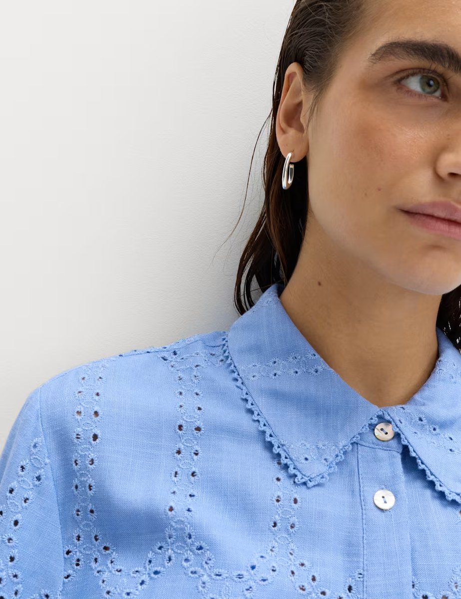 Marks & Spencer M&S Broderie Collared Cutwork Detail Shirt with Linen Fresh Blue - 2