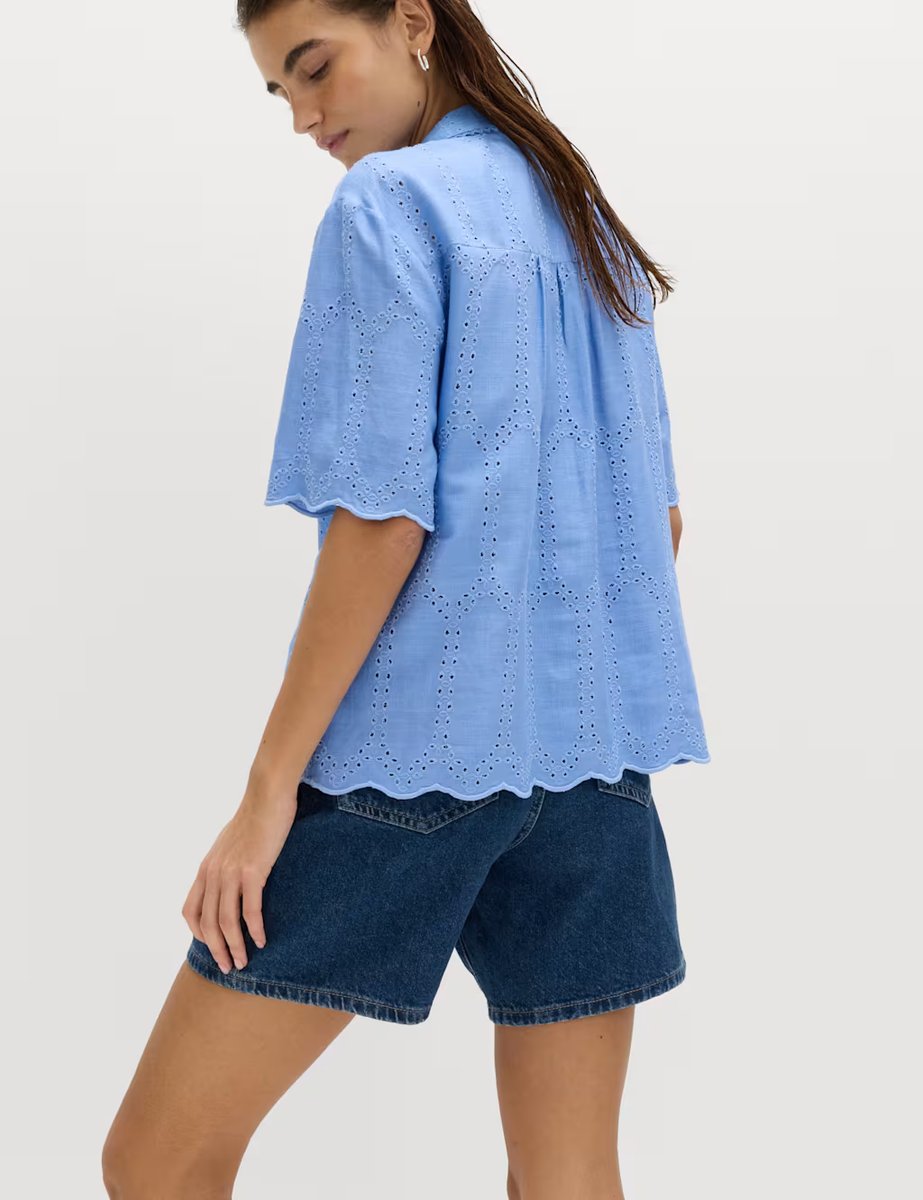 Marks & Spencer M&S Broderie Collared Cutwork Detail Shirt with Linen Fresh Blue - 3