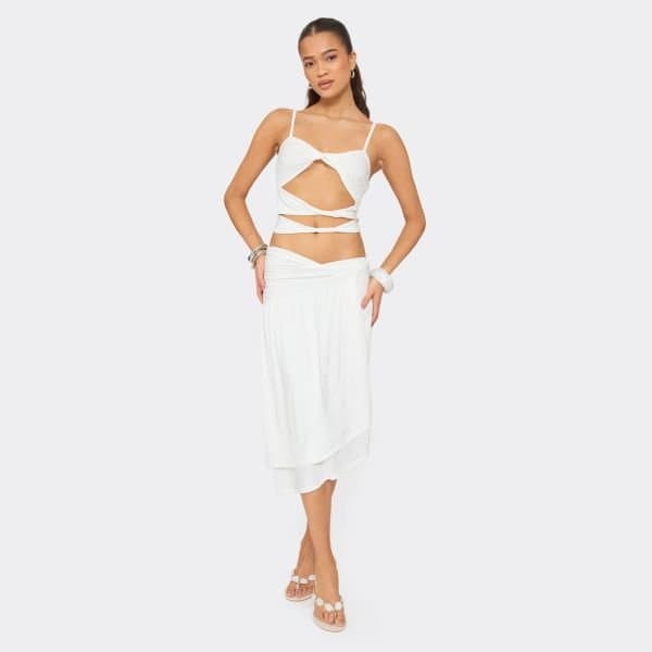 EGO EGO Low Rise Side Split Midi Skirt in White