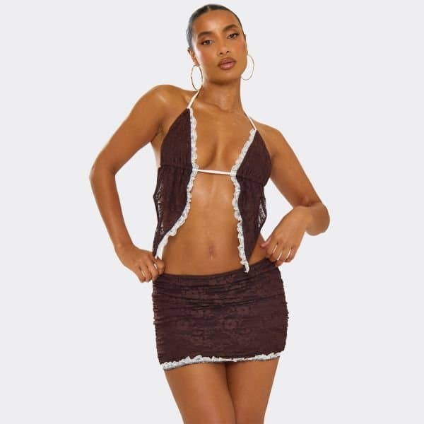 EGO Halterneck Split Hem Contrast Frill Detail Top In Brown Lace, Women's Size UK 6