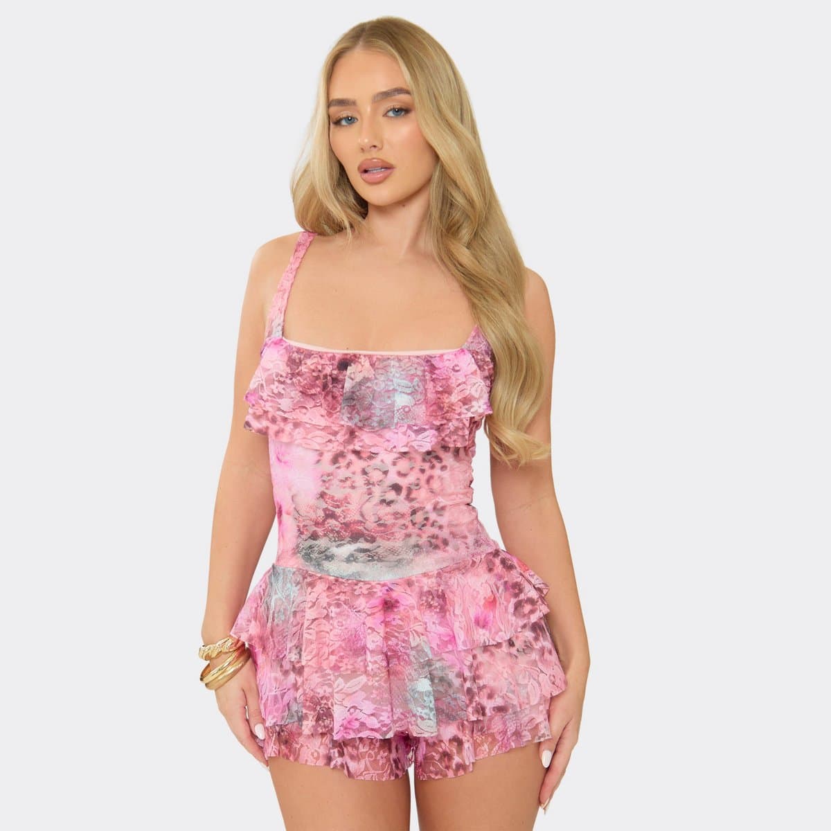 EGO Square Neck Ruffle Detail Playsuit In Pink Animal Print Lace, Women's Size UK 6