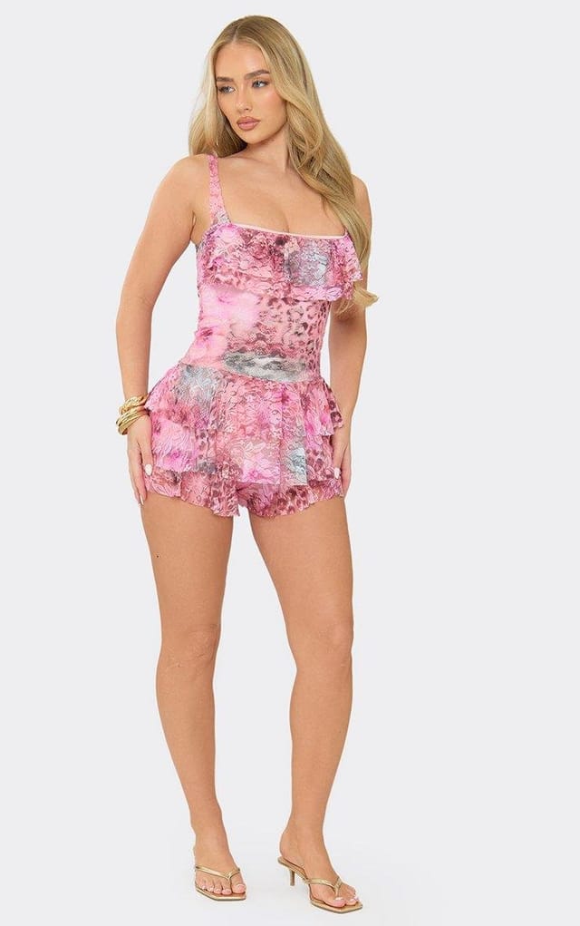 EGO Square Neck Ruffle Detail Playsuit In Pink Animal Print Lace, Women's Size UK 6 - 2