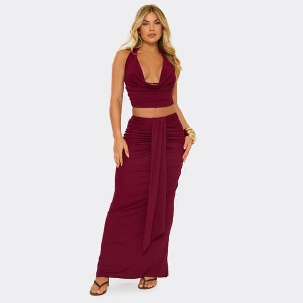 EGO Low Waist Drape Front Maxi Skirt In Burgundy, Women's Size UK 6