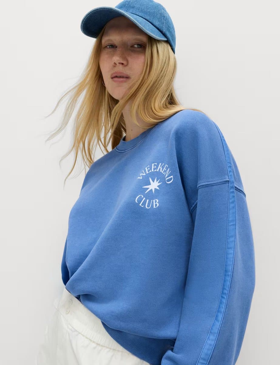 Marks & Spencer M&S Pure Cotton Slogan Side Striped Sweatshirt Blue Mix