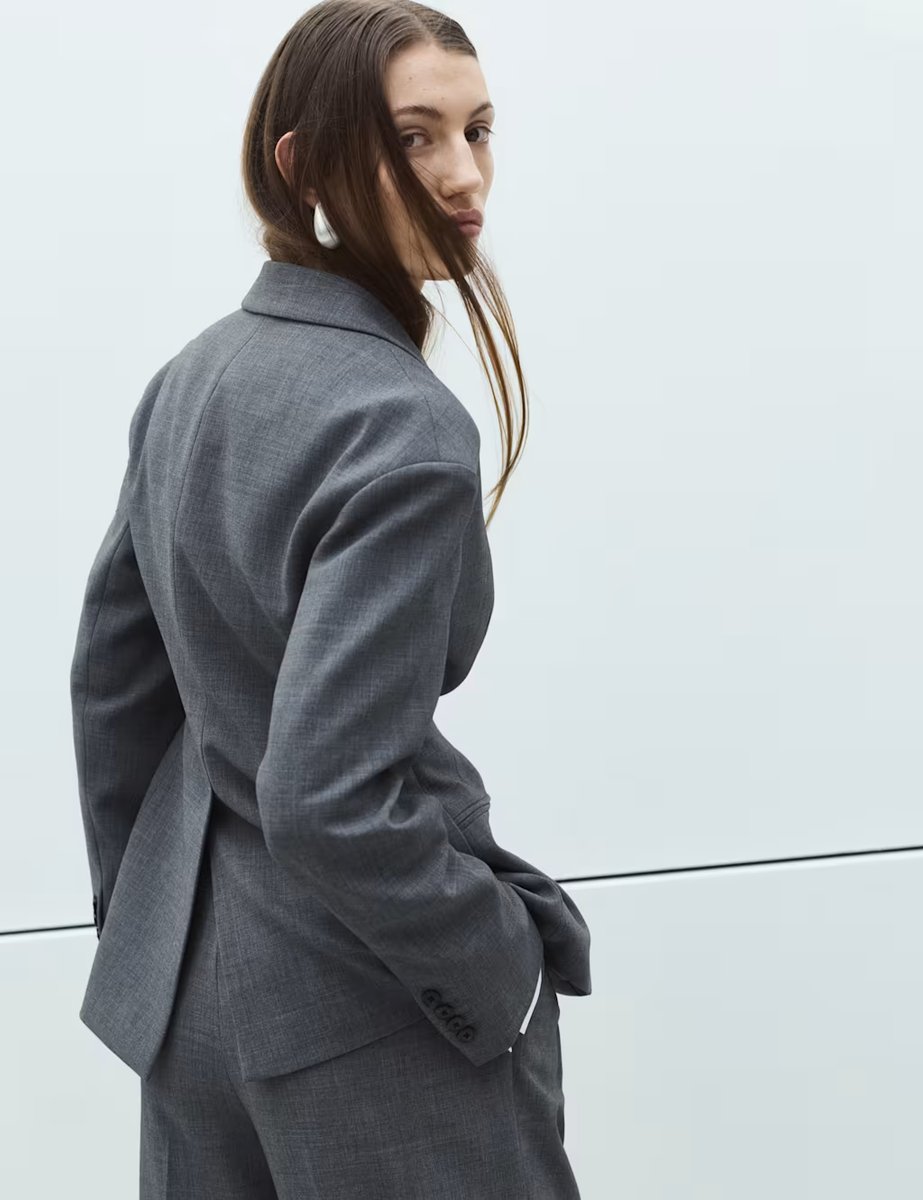 Marks & Spencer M&S Waisted Double Breasted Longline Blazer Grey - 4