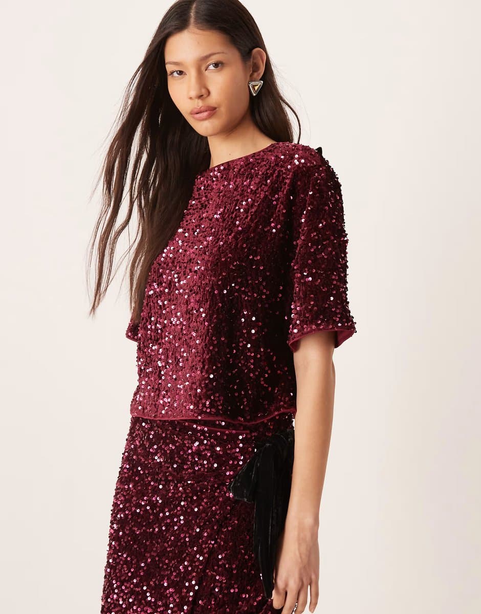 ASOS ASOS DESIGN velvet sequin short sleeve co-ord tee in  burgundy