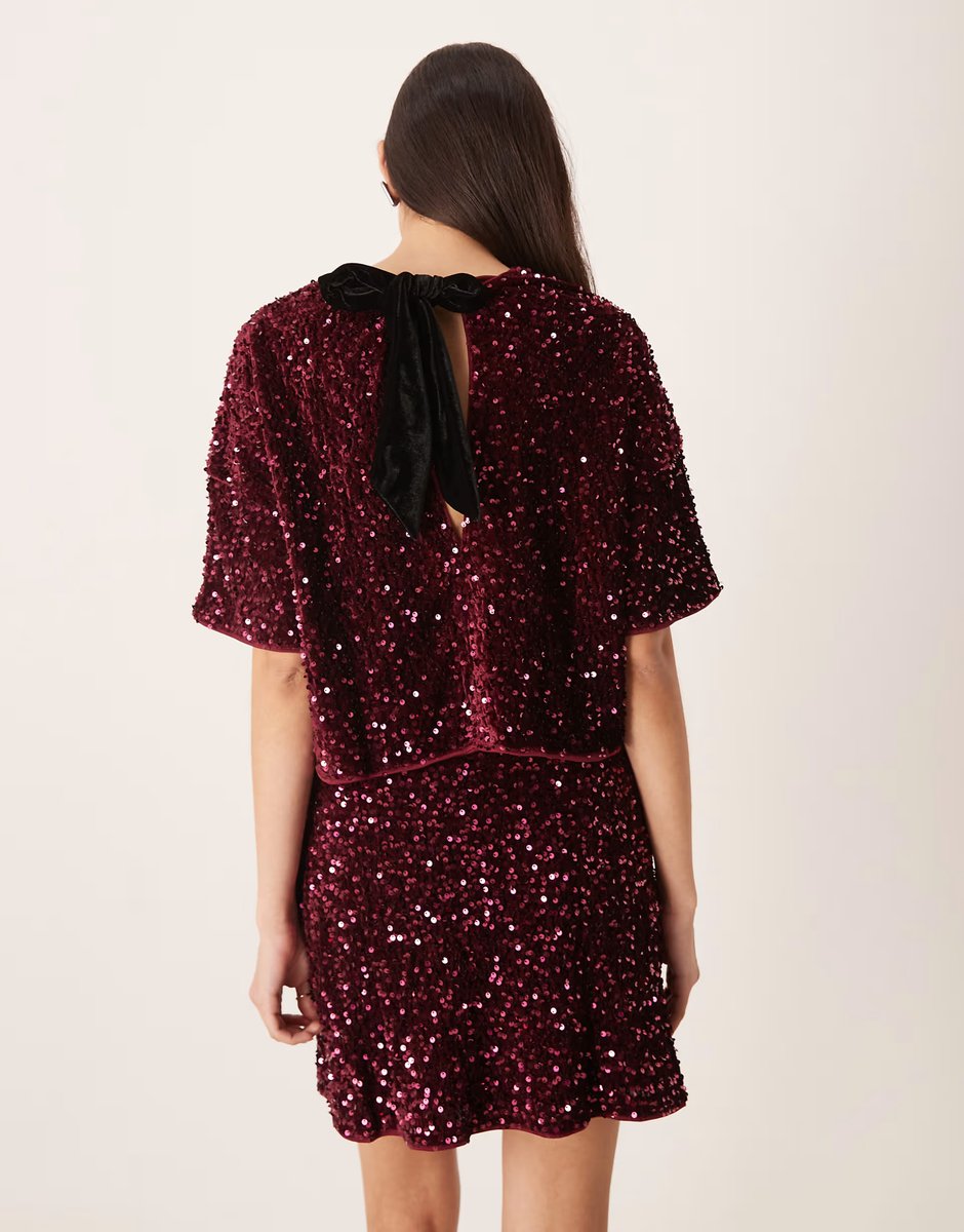 ASOS ASOS DESIGN velvet sequin short sleeve co-ord tee in  burgundy - 3
