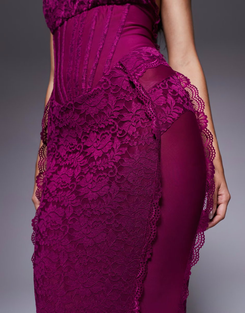 ASOS Murci exclusive sheer lace corset detail cami maxi dress in purple - 3