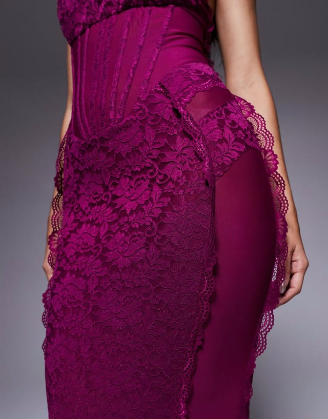 ASOS Murci exclusive sheer lace corset detail cami maxi dress in purple - 3