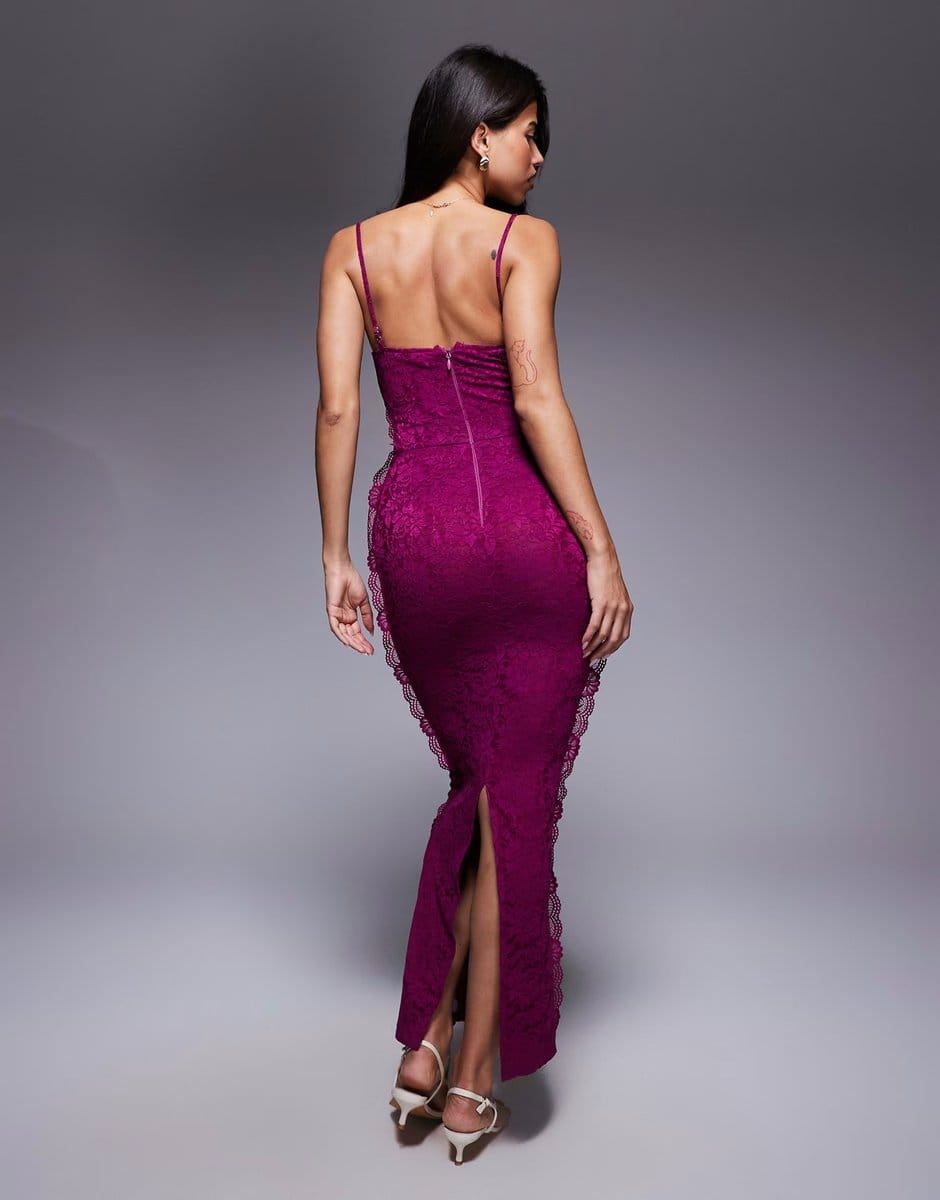 ASOS Murci exclusive sheer lace corset detail cami maxi dress in purple - 4