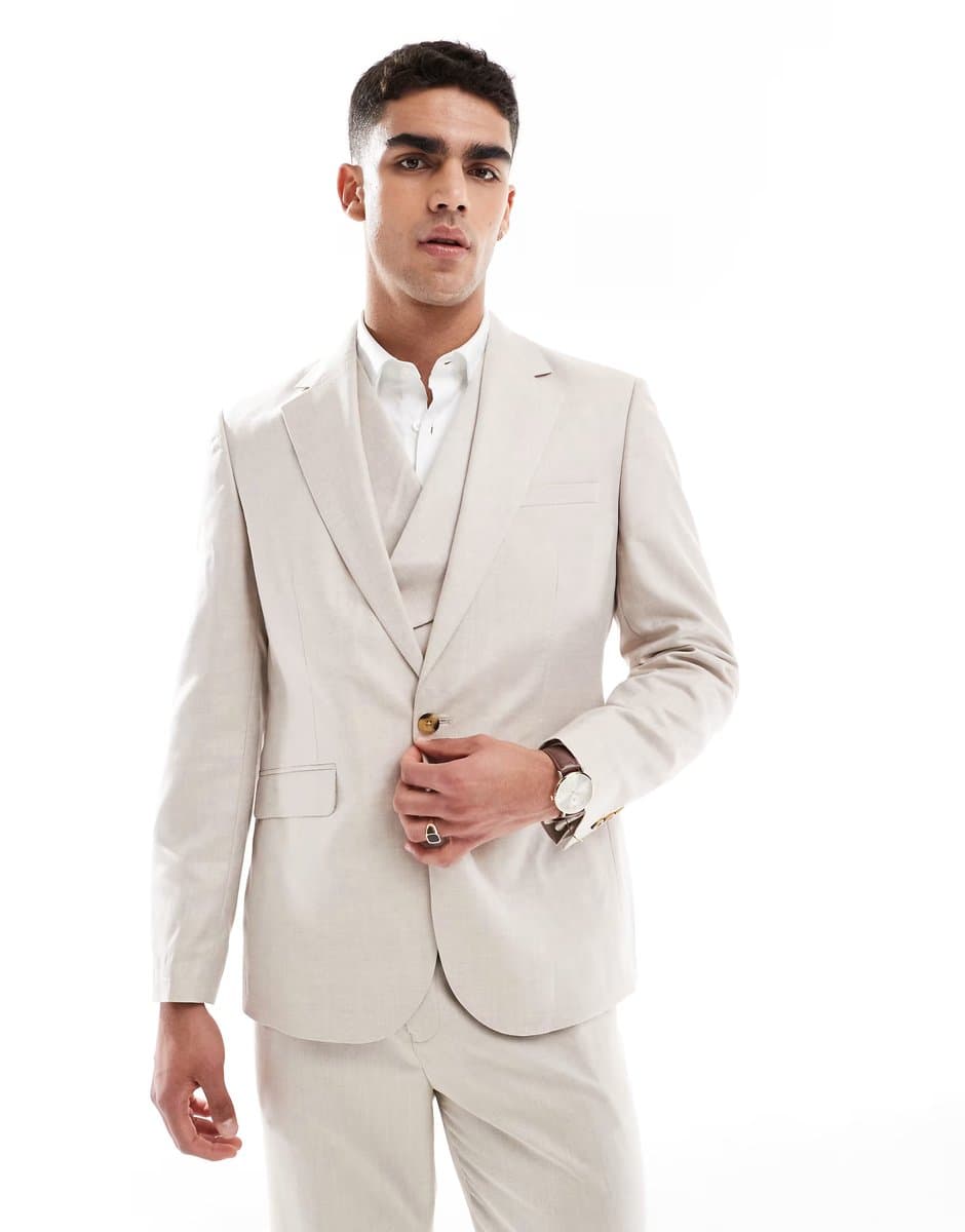 ASOS ASOS DESIGN slim suit jacket with linen in stone twill