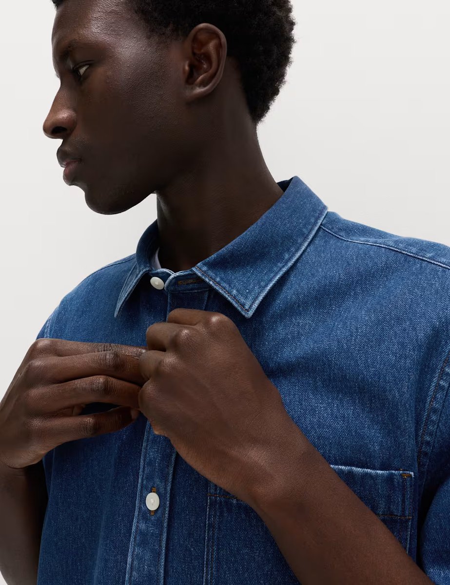 Marks & Spencer M&S Pure Cotton Denim Short Sleeve Shirt Light Blue - 2